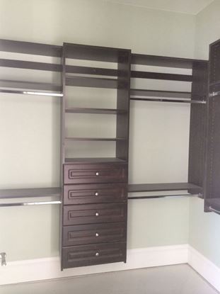 Wood Closet Organizers with Drawers, Shelves and Hangs, Chocolate Color